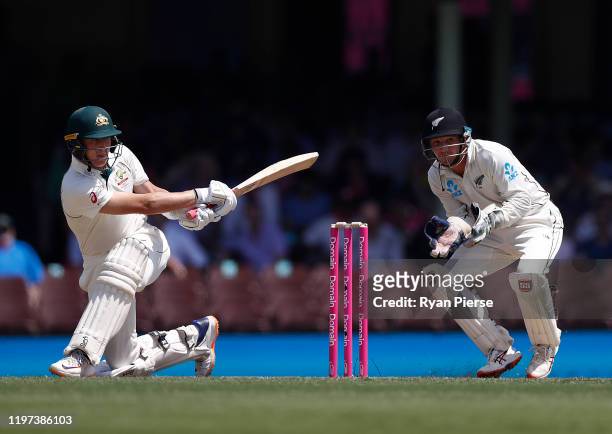 Marnus Labuschagne of Australia bats as BJ Watling of New Zealand keeps wicket during day two of the Third Test match in the series between Australia...