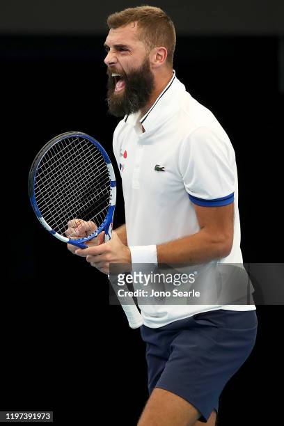 Benoit Paire of France rcelebrates winning the second set against Nicolas Jarry of Chile during day two of the 2020 ATP Cup Group Stage at Pat Rafter...
