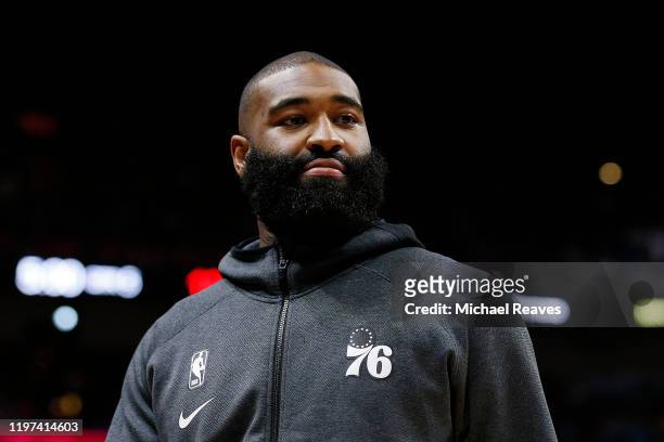 Kyle O'Quinn of the Philadelphia 76ers looks on against the Miami Heat during the second half at American Airlines Arena on December 28, 2019 in...