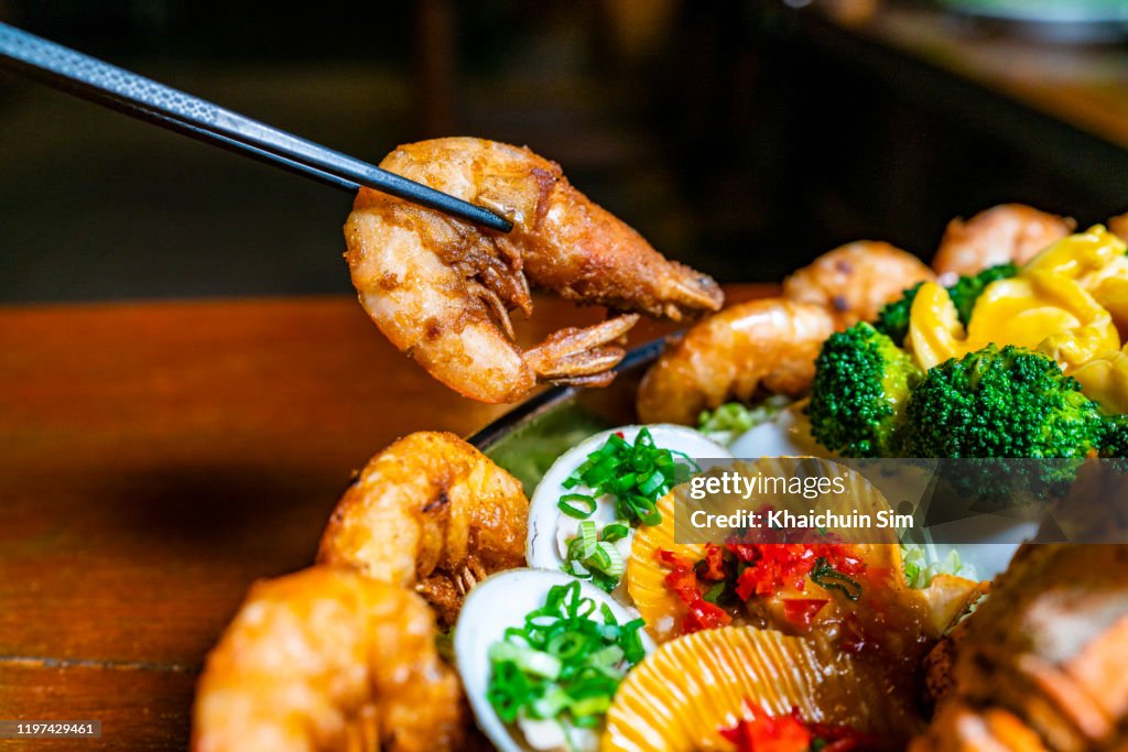 Seafood barbecue platter, focus on prawn