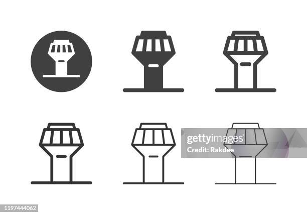 ilustraciones, imágenes clip art, dibujos animados e iconos de stock de iconos de la torre de control de tráfico aéreo - serie múltiple - torre de control de circulación aérea