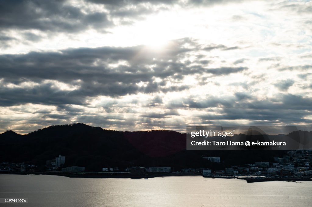 Morning sunbeam on the beach in Kanagawa prefecture of Japan