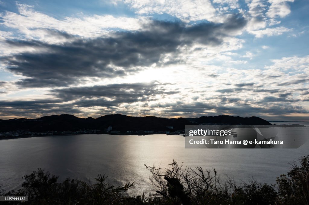 Morning sunbeam on the beach in Kanagawa prefecture of Japan