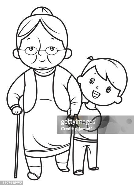 bildbanksillustrationer, clip art samt tecknat material och ikoner med svart och vitt, hjälper lille pojken mormor - grandma cane