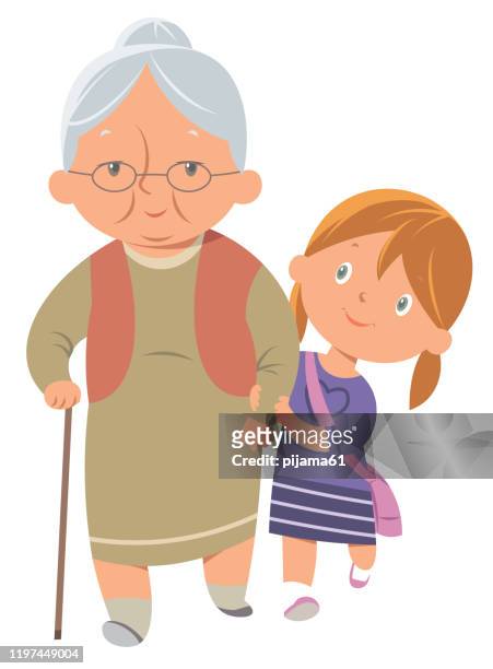 ilustraciones, imágenes clip art, dibujos animados e iconos de stock de chica ayudando a la anciana - abuelos y nietos
