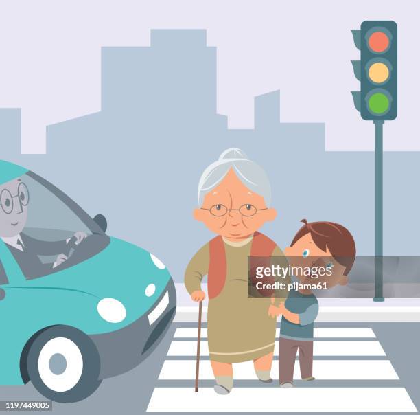 child helping old woman cross the street - grandma cane stock illustrations