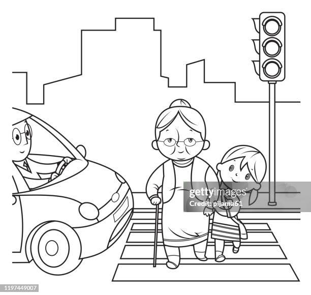 schwarz und weiß, mädchen hilft alten frau überqueren die straße - cross road children stock-grafiken, -clipart, -cartoons und -symbole