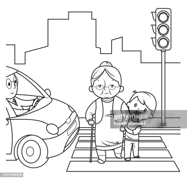 ilustraciones, imágenes clip art, dibujos animados e iconos de stock de blanco y negro, niño ayudando a la anciana a cruzar la calle - abuelos y nietos