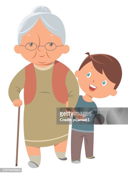 little boy helps the grandmother - grandma cane stock illustrations