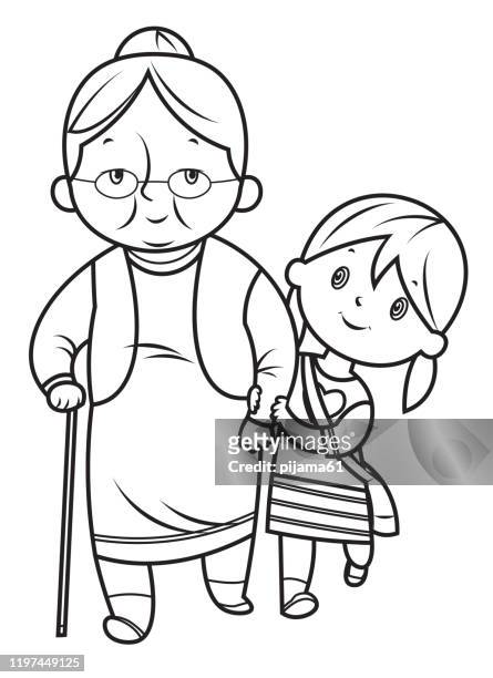 black and white, little girl helps the grandmother - grandma cane stock illustrations