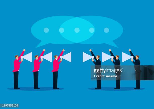 two groups of businessmen holding megaphone arguing and debating - screaming stock illustrations