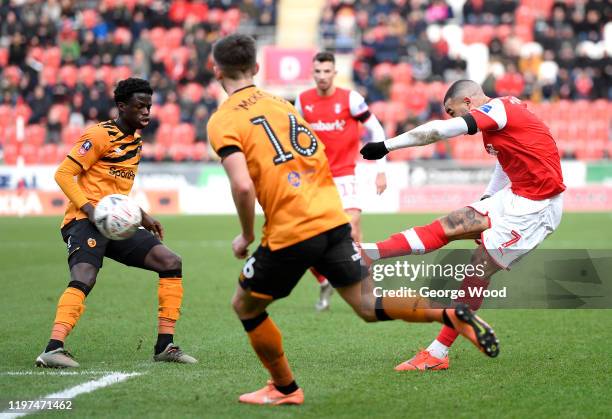 Kyle Vassell of Rotherham United scores his team's second goal during the FA Cup Third Round match between Rotherham United and Hull City at The New...