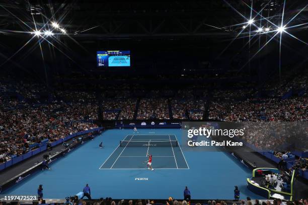 Rafael Nadal of Team Spain serves to Nikoloz Basilashvili of Team Georgia during day two of the 2020 ATP Cup Group Stage at RAC Arena on January 04,...