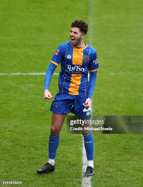 Sean Goss of Shrewsbury Town celebrates after scoring his team's first goal during the FA Cup Third Round match between Bristol City and Shrewsbury...