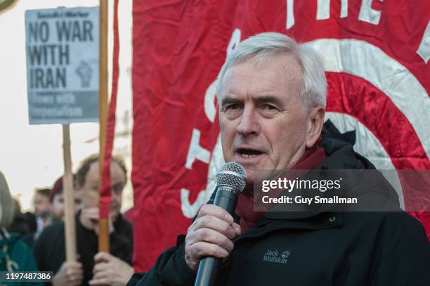 Shadow Chancellor John McDonnell addresses the protest on January 4, 2020 in London, England. A protest is called by the Stop The War Coalition...