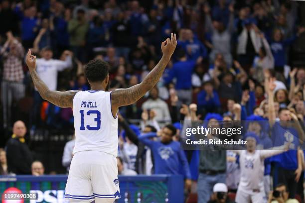 Myles Powell and raises his arms after a basket against the DePaul Blue Demons during the second half of a college basketball game at Prudential...