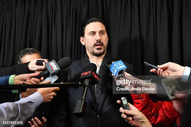 George Parros speaks to the press prior to the game between the Edmonton Oilers and Calgary Flames on January 29 at Rogers Place in Edmonton,...