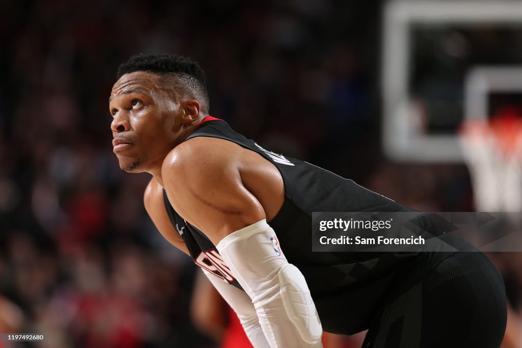 Russell Westbrook Rockets Intro Russell Westbrook of the Houston Rockets looks on during the game ...