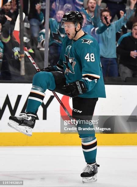 Tomas Hertl of the San Jose Sharks celebrates after scoring against the Vancouver Canucks at SAP Center on January 29, 2020 in San Jose, California.