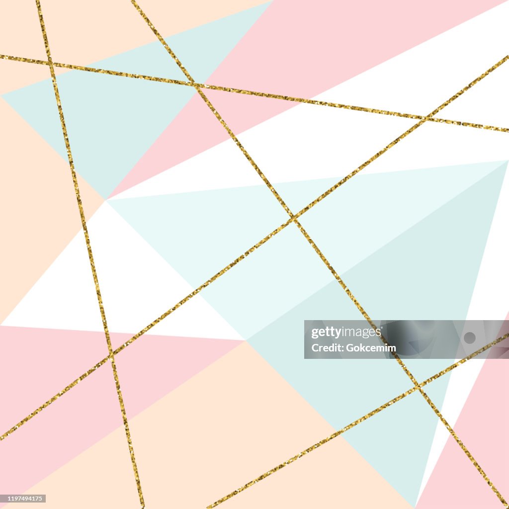 Fondo Geométrico Abstracto con Líneas De Oro y Triángulos de Color Pastel. Invitación dorada, folleto o banner con estilo geométrico minimalista. Líneas de oro, brillo, marco, fondo de pantalla de moda vectorial, cartel