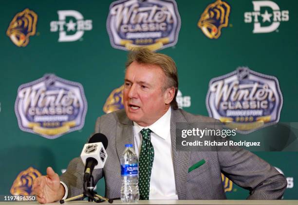 Rick Bowness Dallas Stars interim head coach speaks to the media before the NHL Winter Classic at the Cotton Bowl on January 01, 2020 in Dallas,...