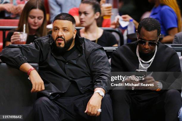 Khaled and Sean "Diddy" Combs attend the game between the Miami Heat and the Toronto Raptors at American Airlines Arena on January 02, 2020 in Miami,...