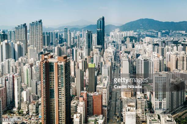 aerial view of hong kong nathan road, kowloon district - tsim sha tsui stock pictures, royalty-free photos & images
