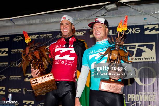 Finalists event winner Jordy Smith of South Africa and runner-up Mick Fanning of Australia at the Billabong Pro Jeffreys Bay on July 24, 2011 in...