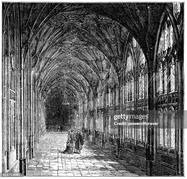 cloister at gloucester cathedral in gloucester, england - 19th century - cloister stock illustrations