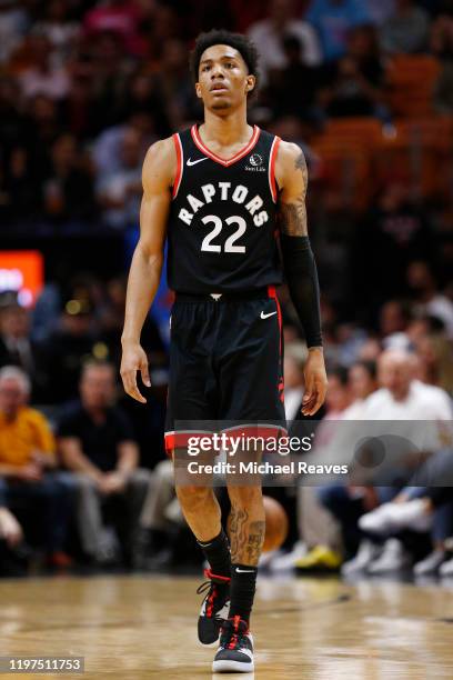 Patrick McCaw of the Toronto Raptors reacts against the Miami Heat during the second half at American Airlines Arena on January 02, 2020 in Miami,...