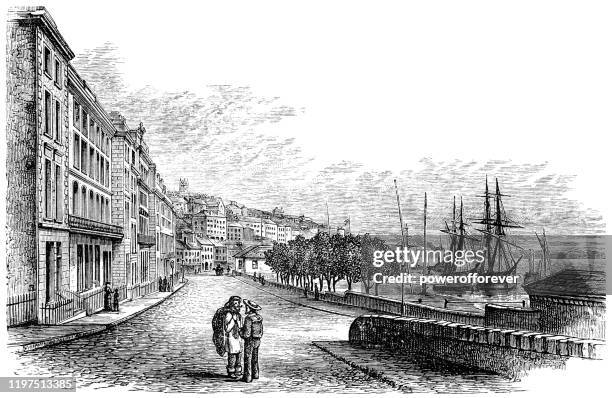 the town of cobh in county cork, ireland - 19th century - river lee cork stock illustrations