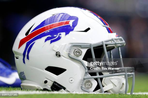 Detail of a Buffalo Bills helmet before the AFC Wild Card Playoff game against the Houston Texans and the at NRG Stadium on January 04, 2020 in...