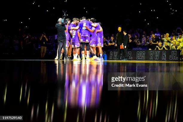 The Kings huddle before tip off during the round 14 NBL match between the Sydney Kings and the Adelaide 36ers at Qudos Bank Arena on January 04, 2020...