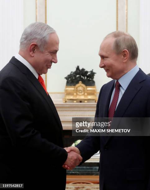 Russian President Vladimir Putin meets with Israeli Prime Minister Benjamin Netanyahu at the Kremlin in Moscow on January 30, 2020.