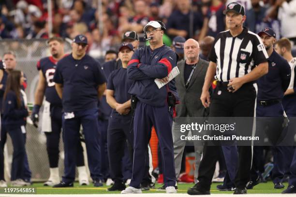 Head coach Bill O'Brien of the Houston Texans looks on against the Buffalo Bills during the second quarter of the AFC Wild Card Playoff game at NRG...