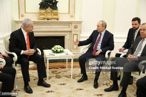 Russian President Vladimir Putin talks with Israeli Prime Minister Benjamin Netanyahu dduring their meeting at the Kremlin on January 30, 2020 in...