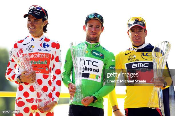 Samuel Sanchez of team Euskatel, winner of the polka dot king of the mountains competition, Mark Cavendish of team HTC, winner of the points jersey...