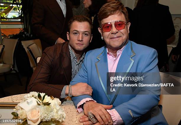 Taron Egerton and Elton John attend The BAFTA Los Angeles Tea Party at Four Seasons Hotel Los Angeles at Beverly Hills on January 04, 2020 in Los...