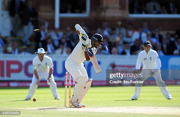 India batsman Abhinav Mukund is bowled by Stuart Broad during day four of the 1st npower test match between England and India at Lords on July 24,...