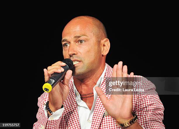 Host and former football player Stefano Bettarini is seen during the 22nd edition of the Italian 'Miss Cicciona' on July 23, 2011 in Forcoli near...