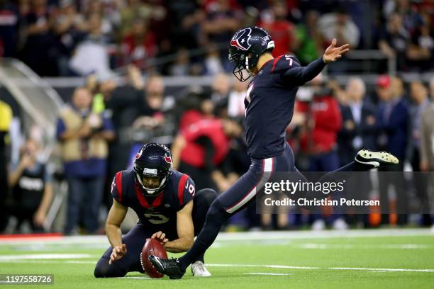 Ka'imi Fairbairn of the Houston Texans kicks the game-winning field goal in overtime to give his teams the 22-19 win against the Buffalo Bills in the...