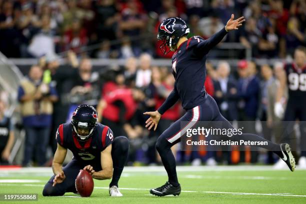 Ka'imi Fairbairn of the Houston Texans kicks the game-winning field goal in overtime to give his team the 22-19 win against the Buffalo Bills in the...