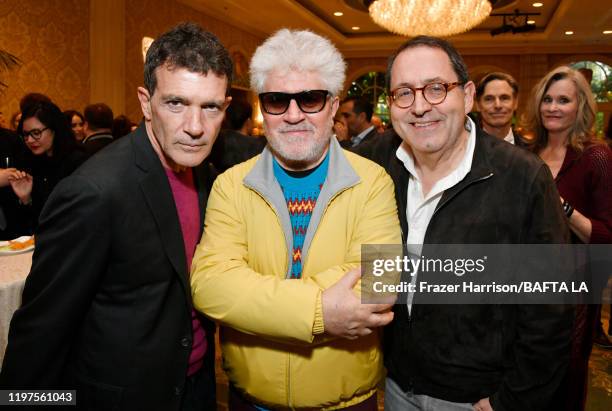 Antonio Banderas, Pedro Almodóvar, and Co-President and Co-Founder of Sony Pictures Classics Michael Barker attend The BAFTA Los Angeles Tea Party at...