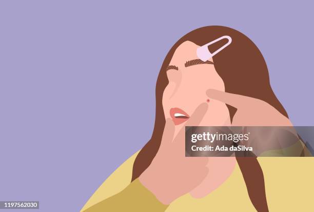 women squeezing and removing acne - squeezing spots stock illustrations