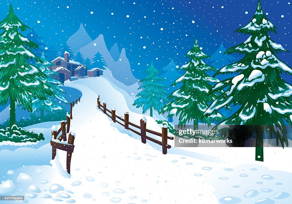 Snowy Pathway Vector Illustration Of A Snowy Path Leading Up To A Chalet High-Res Vector ...