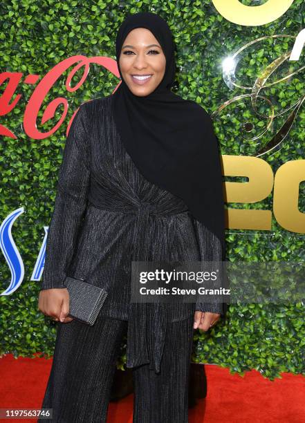 Ibtihaj Muhammad arrives at the 7th Annual Gold Meets Golden at Virginia Robinson Gardens and Estate on January 04, 2020 in Los Angeles, California.