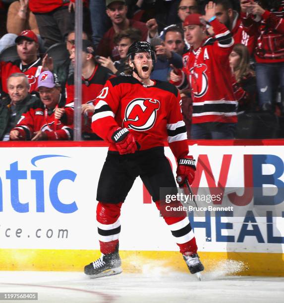 Blake Coleman of the New Jersey Devils celebrates his short-handed goal at 6:36 of the third period against the Colorado Avalanche at the Prudential...