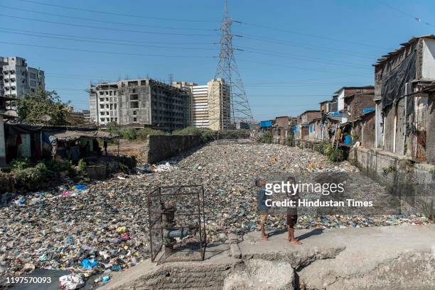View of a nallah filled with plastic waste at Lallubhai Compound, at walking distance from Mankhurd Station, on January 29, 2020 in Mumbai, India....