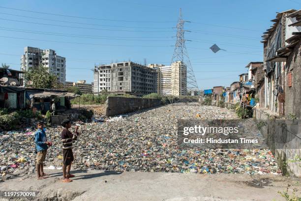 View of a nallah filled with plastic waste at Lallubhai Compound, at walking distance from Mankhurd Station, on January 29, 2020 in Mumbai, India....