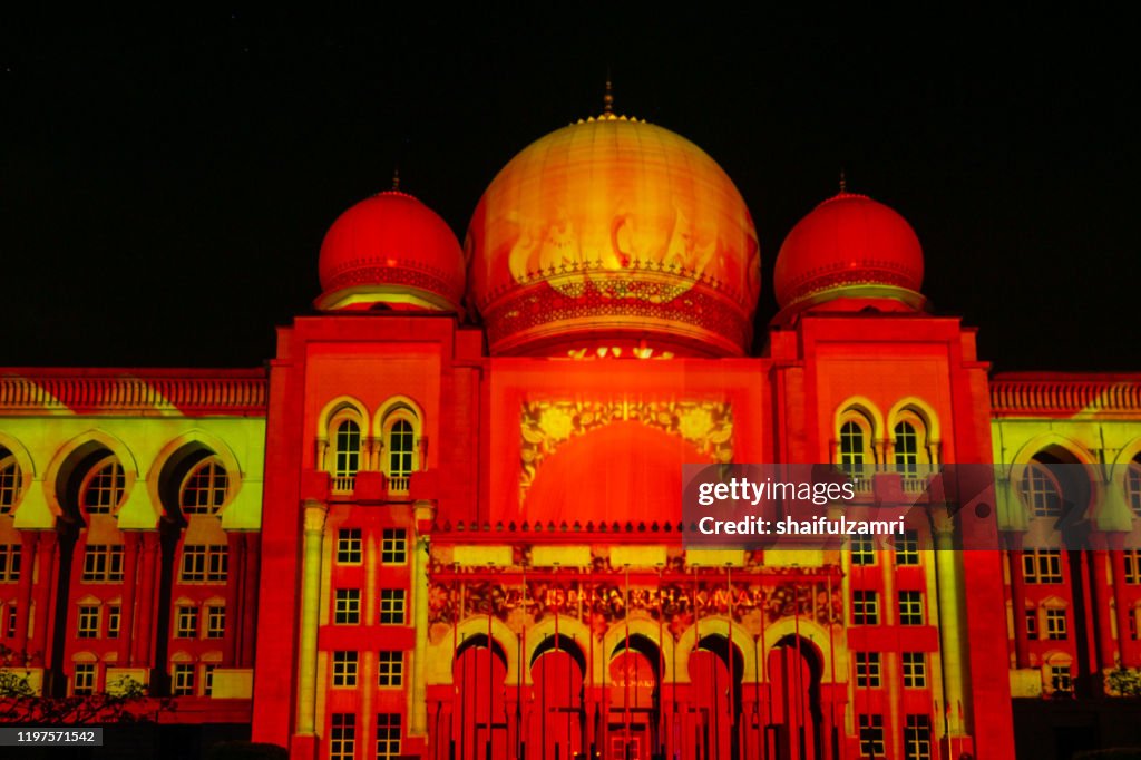 Light projection on Istana Kehakiman at Festival Light And Motion Putrajaya (LAMPU) 2019 for new year celebration in Putrajaya.